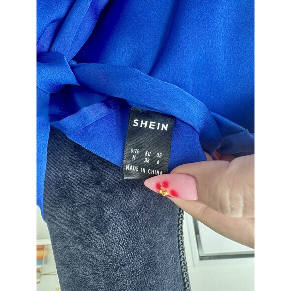 Shein Bright Blue Satin High Neck Sleeveless Tie Back Blouse Size Medium - Picture 5 of 7